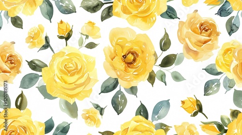 Vibrant Watercolor Flower Pattern with Yellow Roses for Seamless Designs