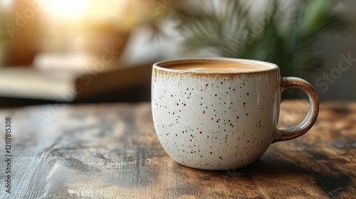 Ceramic cup filled with coffee on a marble surface with decorative elements i...