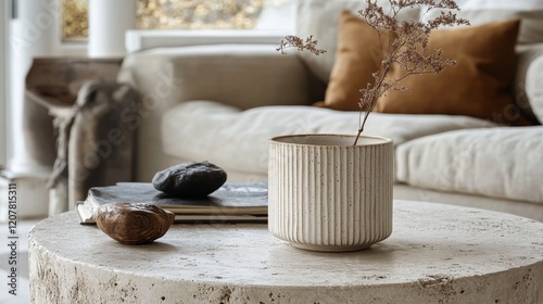Ceramic cup filled with coffee on a marble surface with decorative elements i...