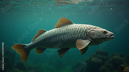 A fish glides gracefully through clear water, revealing distinctive markings along its body. Bubbles surround it, showcasing the underwater environment and natural light filtering down.