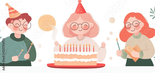 Happy young girl blowing out candles on birthday cake with friends celebrating. Joyful atmosphere filled with laughter and festive decorations