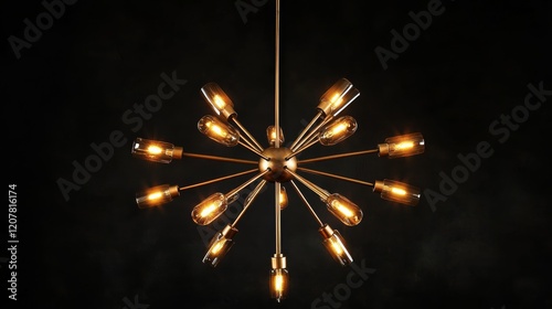 Unique chandelier design with multiple bulb arms illuminating a modern space