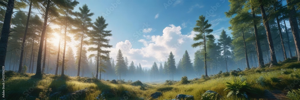 Calmness is captured by the endless expanse of natural greenery under a brilliant blue sky as forest elements fade into the distance in soft focus , peaceful landscape , natural beauty, countryside Calmness is captured by the endless expanse of natural greenery under a brilliant blue sky as forest elements fade into the distance in soft focus , peaceful landscape , natural beauty, countryside