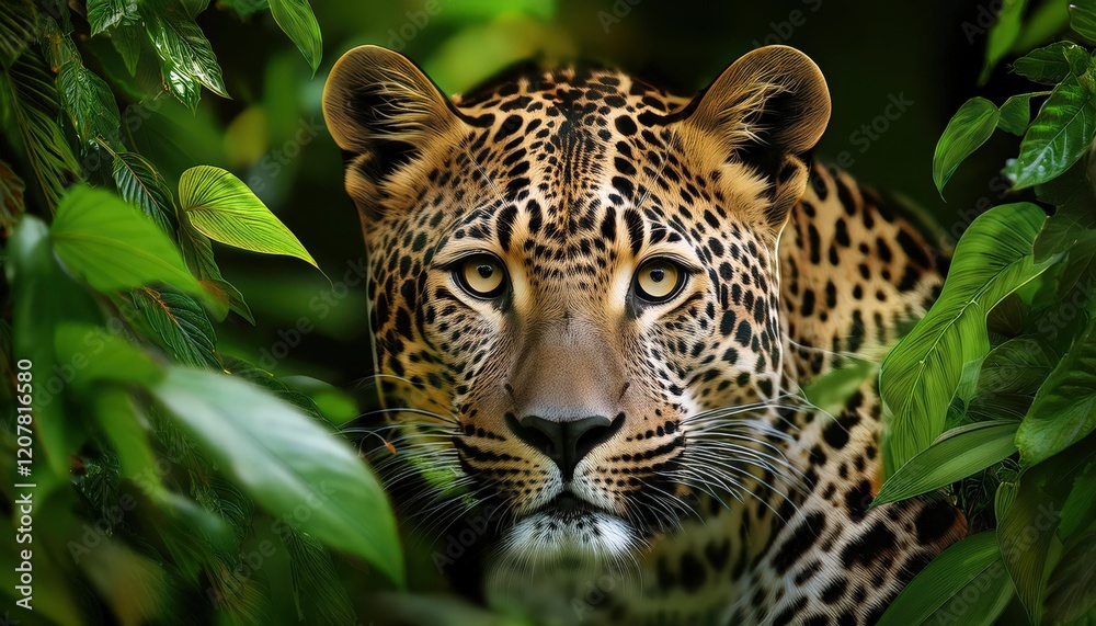 Obraz premium Close-up portrait of a leopard surrounded by lush foliage.