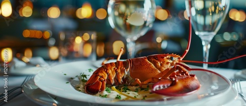 A close-up of a cooked whole lobster on a white plate. photo