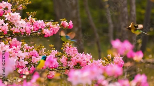 birds with bright colors in spring among flowering branches