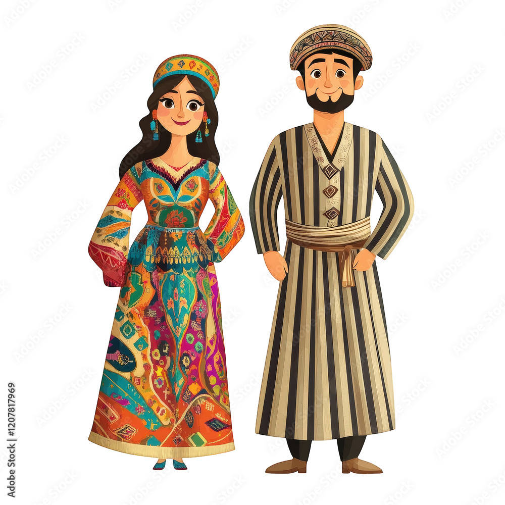 Colorful Uzbek couple in traditional attire, showcasing vibrant patterns and cultural heritage. Their outfits reflect rich textile art of Uzbekistan, exuding warmth and joy Colorful Uzbek couple in traditional attire, showcasing vibrant patterns and cultural heritage. Their outfits reflect rich textile art of Uzbekistan, exuding warmth and joy