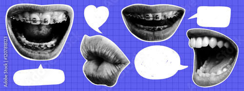 Halftone mouth and lips set with speech bubbles. Y2K style. Modern vector illustration.