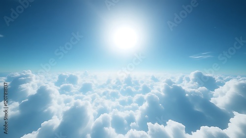 Above clouds, sunlit sky, aerial view, peaceful, travel
