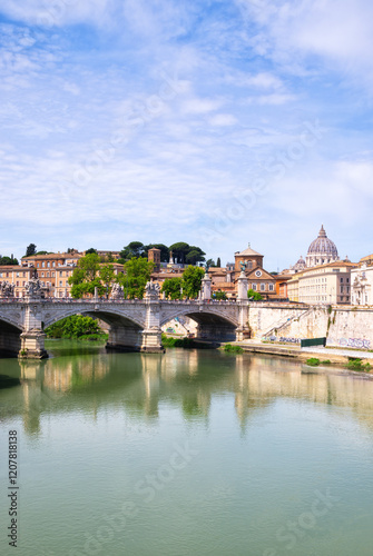 View towards Ponte Vittorio Emanuele II and the dome of the Saint Peters Basilica, Rome, Lazio, Italy photo