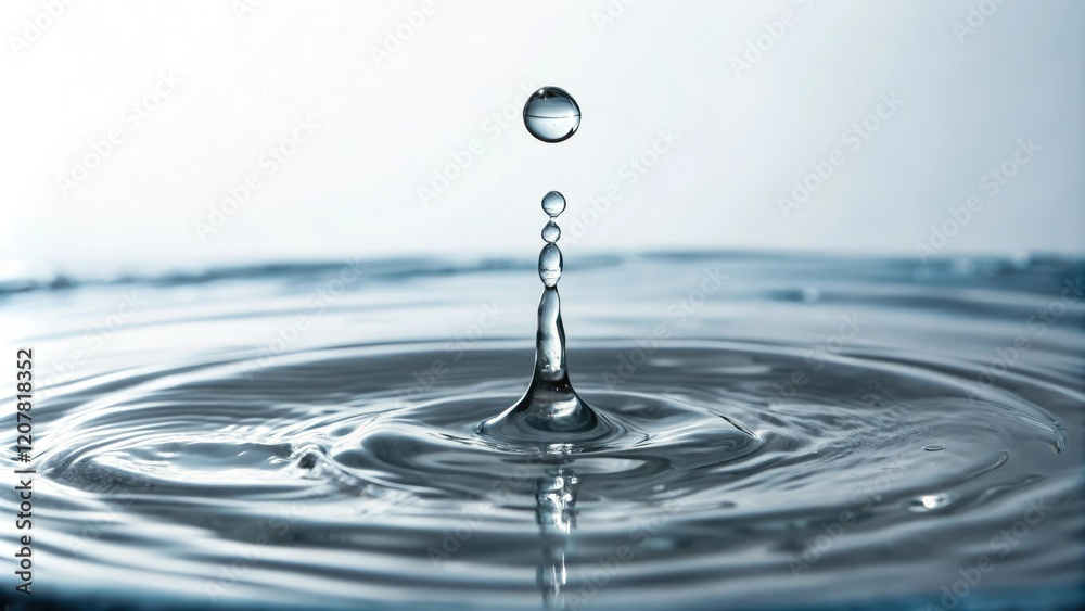Close-up of a single water droplet about to hit the water surface, falling, scientific observation, fluid physics Close-up of a single water droplet about to hit the water surface, falling, scientific observation, fluid physics