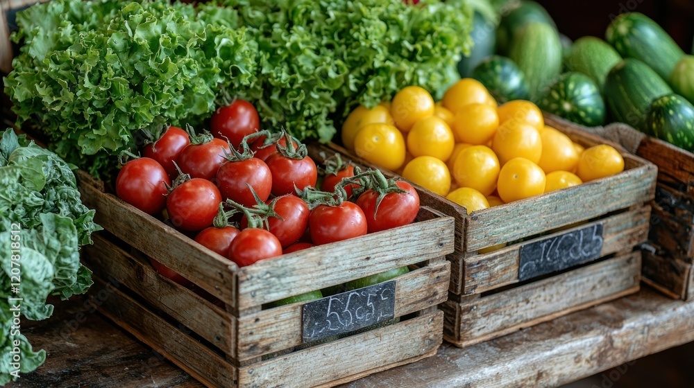 Vibrant Fresh Produce in Rustic Wooden Crates at Farmers Market Vibrant Fresh Produce in Rustic Wooden Crates at Farmers Market
