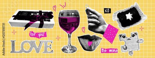 Halftone collage Valentine's Day set. Lips, gift, cake, glass of wine, ring, puzzle. Trendy elements with naive doodle elements. Dotted pop art style