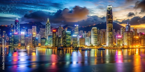 Wallpaper Mural Hong Kong Night Photography, Cityscape, AI Art,  Urban Scenery,  Lights,  Hong Kong Island,  Victoria Harbour,  Modern Architecture,  Evening,  Skyline,  Stars,  Moon,  Nightlife,  Travel,  Asia Torontodigital.ca