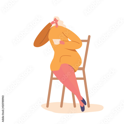 Woman Sitting on Chair Drinking Coffee From Cup In Street Cafe. Female Character Enjoy Coffee Shop Service Illustration