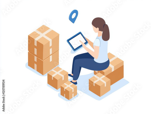 Online shopping experience with woman using tablet surrounded by packages. scene conveys convenience and modern retail