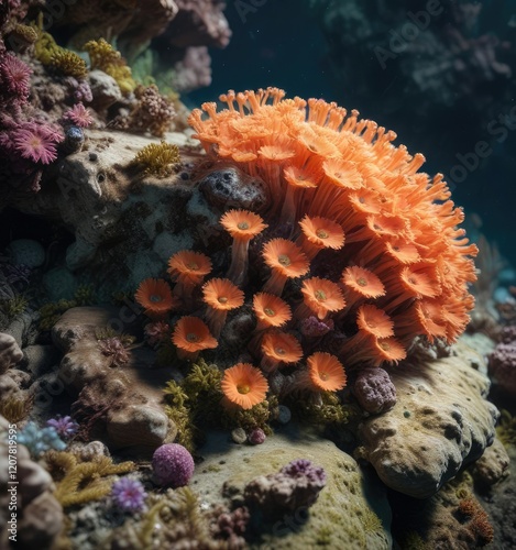 Close-up of a coral polyp-covered rock formation with anemones and sea whips on the seafloor, seabed views, sea whip photo