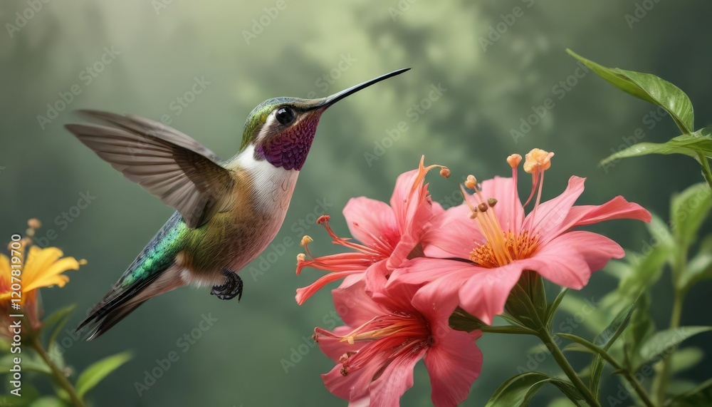 Fototapeta premium Close-up of a hummingbird sipping nectar from a flower, flower, bird life, blooming