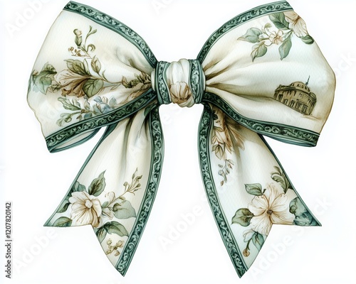 elegant bow from fabric with vintage botanical and architectural patterns. bow is primarily white with green accents, featuring delicate floral motifs , classic European architecture , finely texture photo