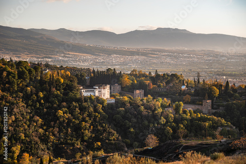 Silla de Moro and the Park of Generalife in Albaicin at sunset, Granada, Andalucia, Spain photo