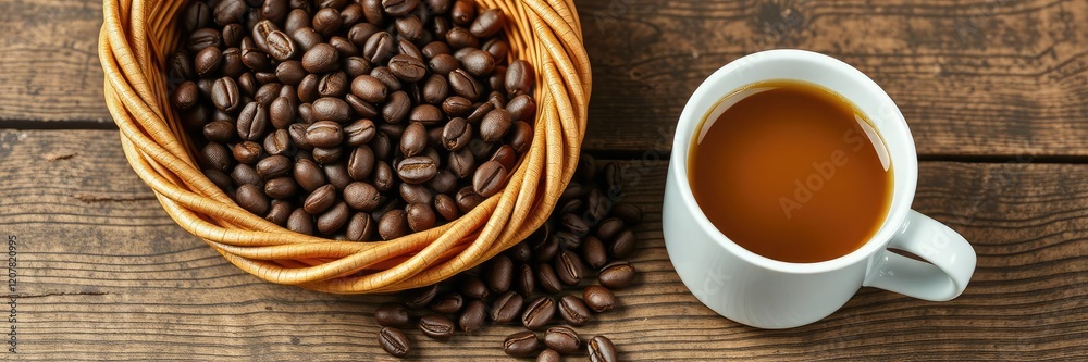 Close-up of a wooden table holding a wicker basket filled with coffee beans and a cup filled with freshly brewed coffee on a rustic background, coffee beans, rustic decor, wooden table Close-up of a wooden table holding a wicker basket filled with coffee beans and a cup filled with freshly brewed coffee on a rustic background, coffee beans, rustic decor, wooden table