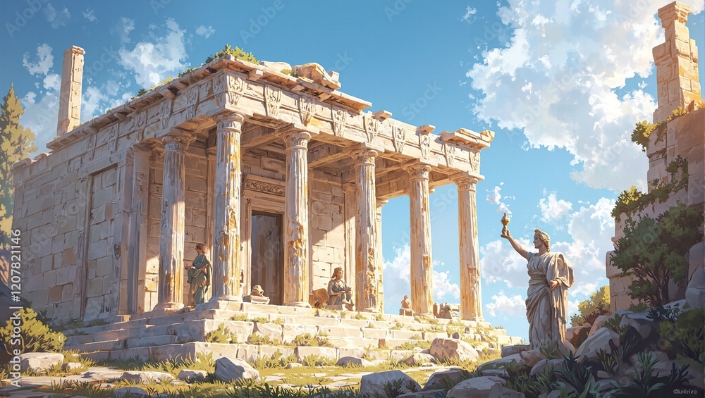 Obraz premium Golden lit temple of Athena with priestess and statue