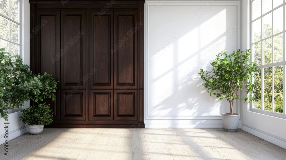 Obraz premium A rich dark wooden cabinet positioned adjacent to a clean white wall, creating a striking contrast and highlighting the elegance of the dark wood.