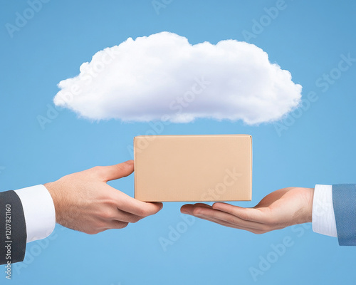Low angle view of parcel being handed between two hands with cloud above, symbolizing delivery and connection in digital age
