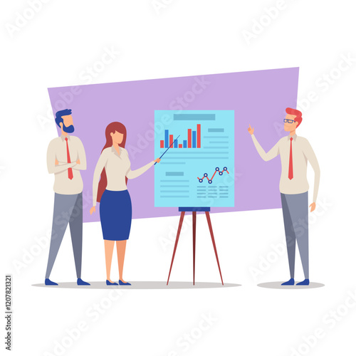 Diverse business team presenting graphical data about performance and trends. Collaboration on marketing strategies concept