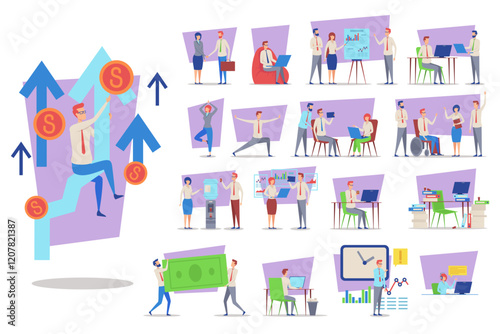 Colorful collection of various business activities showing teamwork, productivity, and wellness practices. Growth and success concept