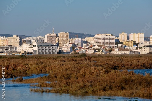 View from the Ria Formosa Natural Park to the city of Faro, Algarve, Portugal