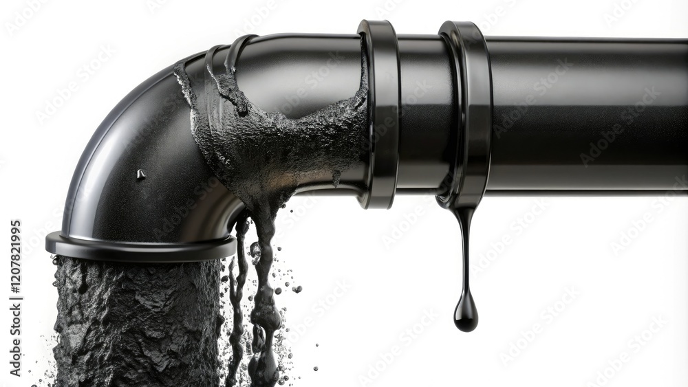 Black slime dripping from a cracked pipe, dirty machinery, black slime Black slime dripping from a cracked pipe, dirty machinery, black slime
