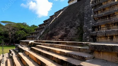 Handheld close-up panning shot of the steep steps at the ancient Mayan pyramid of El Castillo in Chichen Itza, Mexico. 4K