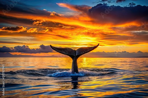 Humpback Whale Tail Silhouette Ocean Background - AI Photo photo