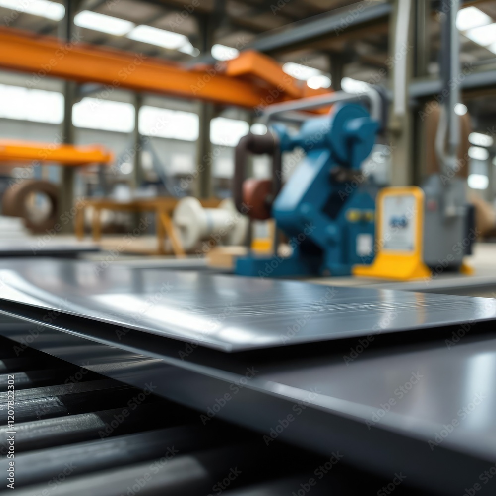 Fototapeta premium Close-up of steel sheet roll on conveyor in factory, factory production, machinery detail