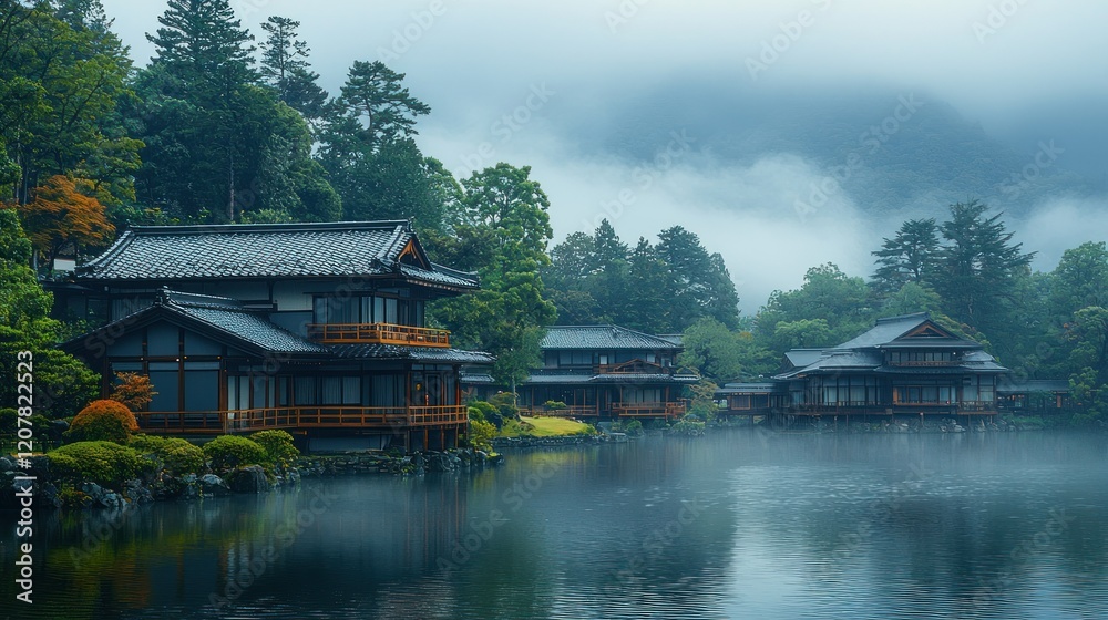 Misty Mountain Lake Houses: A Serene Japanese Landscape