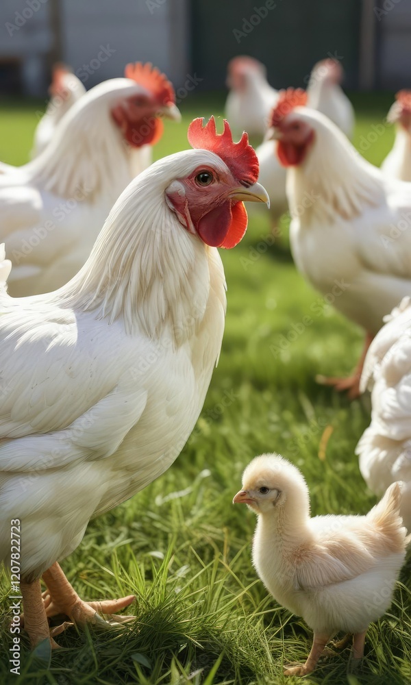 Fototapeta premium Close-up of white broiler chickens pecking at the grass in a farm field, bird flock, feeding time, livestock care