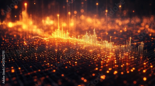 Vibrant orange sound wave visualization with shimmering lights in a digital l...