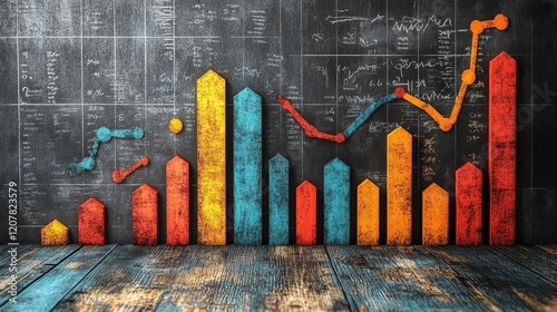 Vibrant financial growth chart with arrows indicating trends on a rustic wood...