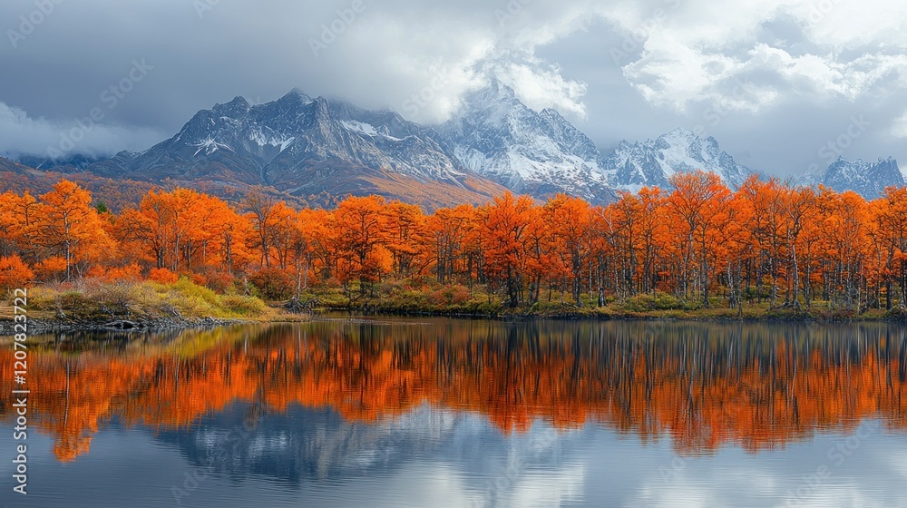 Fototapeta premium Autumnal Reflection in Patagonian Mountains: A Serene Landscape