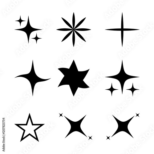 Stars sparkle with hues of , gold, and even hints. Shining twinkle sunburst stars sparkle shape. Stars icon Collection. Glowing light effect, y2k style basic shapes geometric graphic vector.
