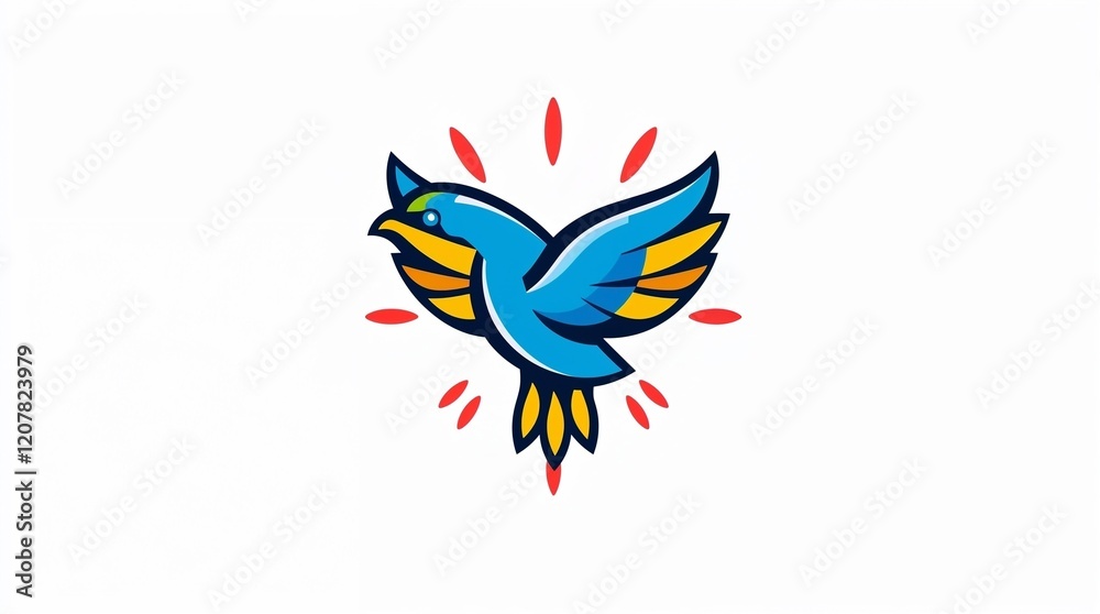 Obraz premium Stylized blue bird logo design with colorful wings and dynamic elements