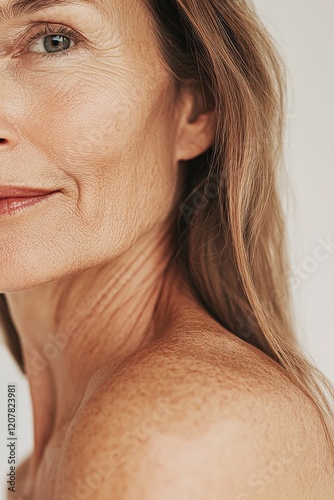 Close-Up of a Woman's Shoulder with Wrinkled Skin and Minimal Makeup on a White Background, Perfect for Skincare and Beauty Advertising