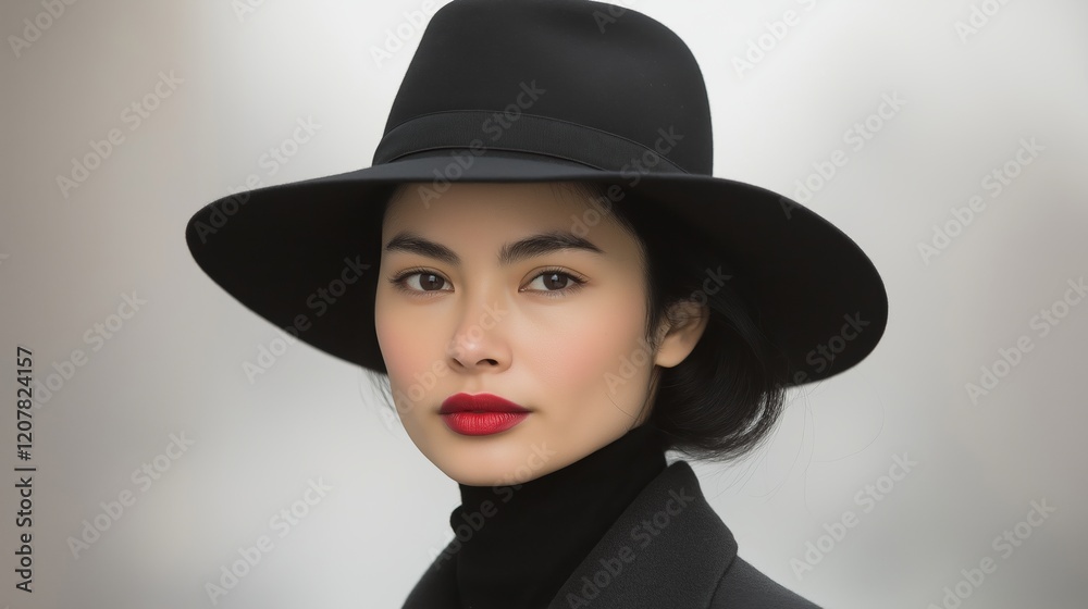 Elegant woman in a black hat and red lipstick. Timeless fashion and sophistication. Elegant woman in a black hat and red lipstick. Timeless fashion and sophistication.
