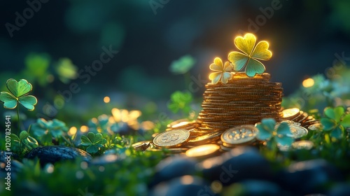 Golden coins stacked on green grass illuminated by sunlight during early evening