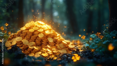 Golden coins stacked on green grass illuminated by sunlight during early evening