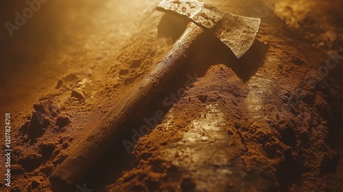 Rusty hatchet buried in dirt, illuminated.