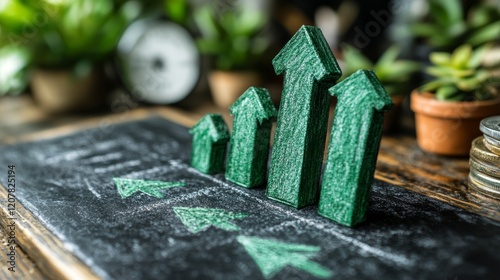 Arrows drawn in chalk pointing upwards on a blackboard background conveying g...