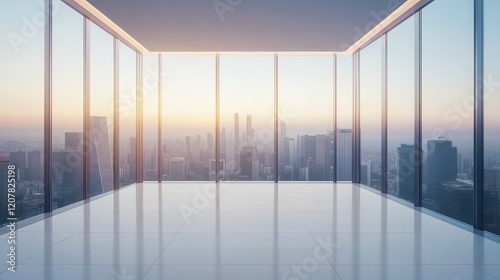 A sleek and modern empty office interior featuring minimalist design, clean lines, and a neutral color palette. photo