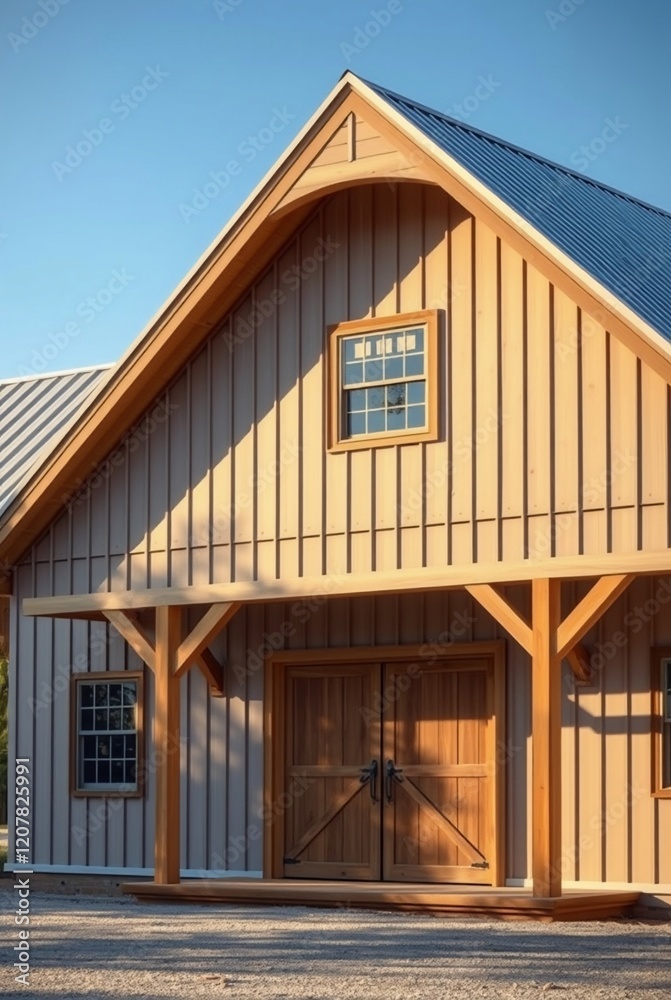 Modern Wooden Farmhouse with Large Double Doors and Light Blue Sky Modern Wooden Farmhouse with Large Double Doors and Light Blue Sky